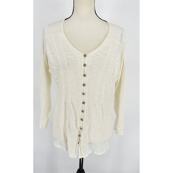 J. Jill Women's Tunic Top Medium Off White 100% Cotton V-neck Button Front - Picture 2 of 9